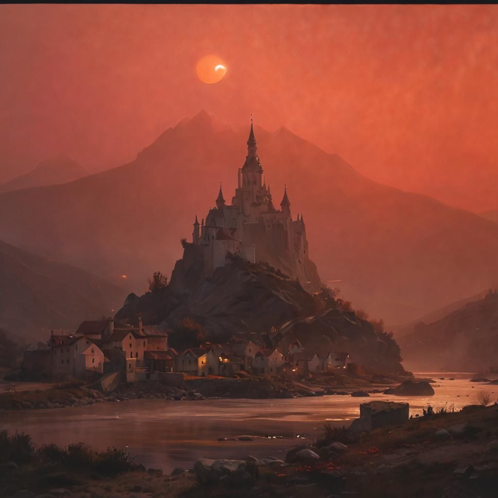 Surreal Town on Mountain of Light at Sunset