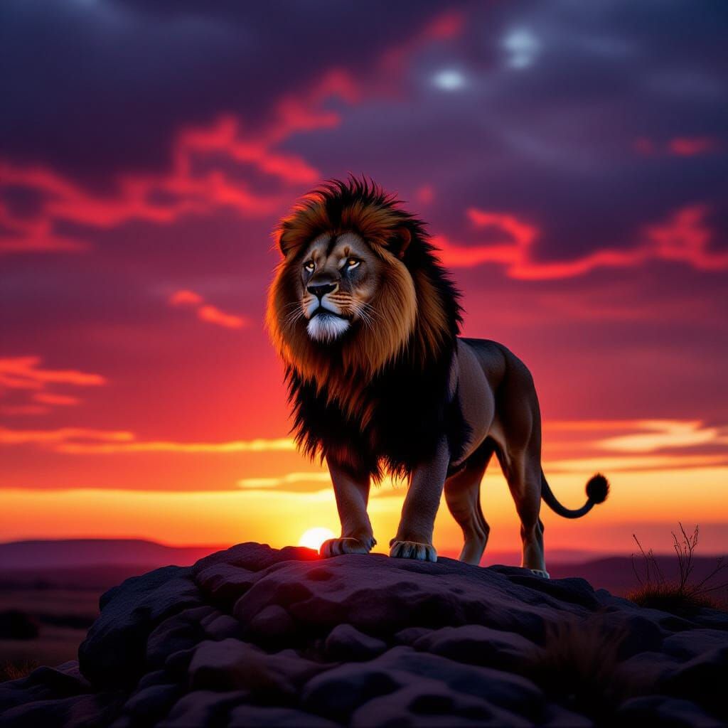 Lion Silhouetted Against Stormy Sunset