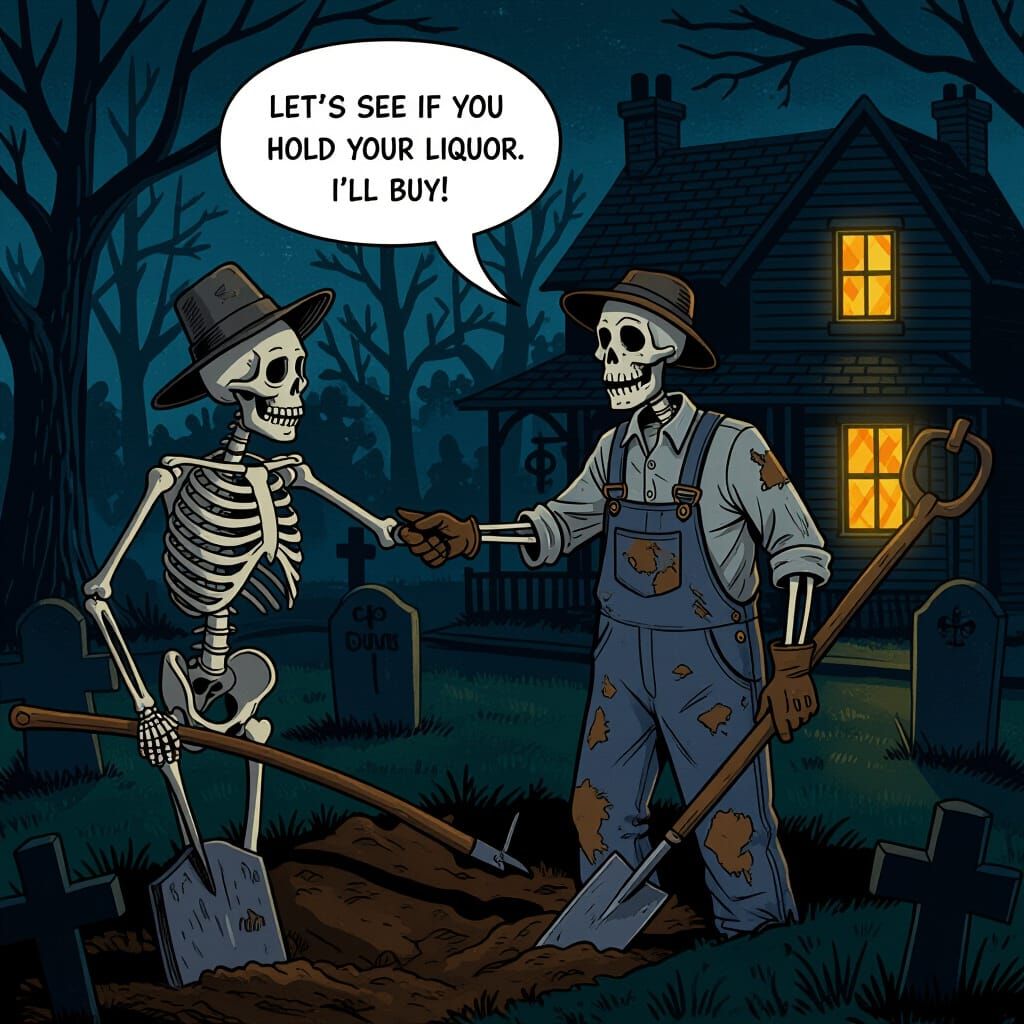 Grave Digger Invites Skeleton to Tavern