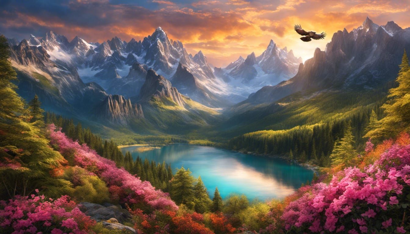 Eagle Soaring Over Rocky Mountains at Sunset