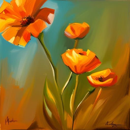 Impressionist Painting of Orange Flowers in Sunlight