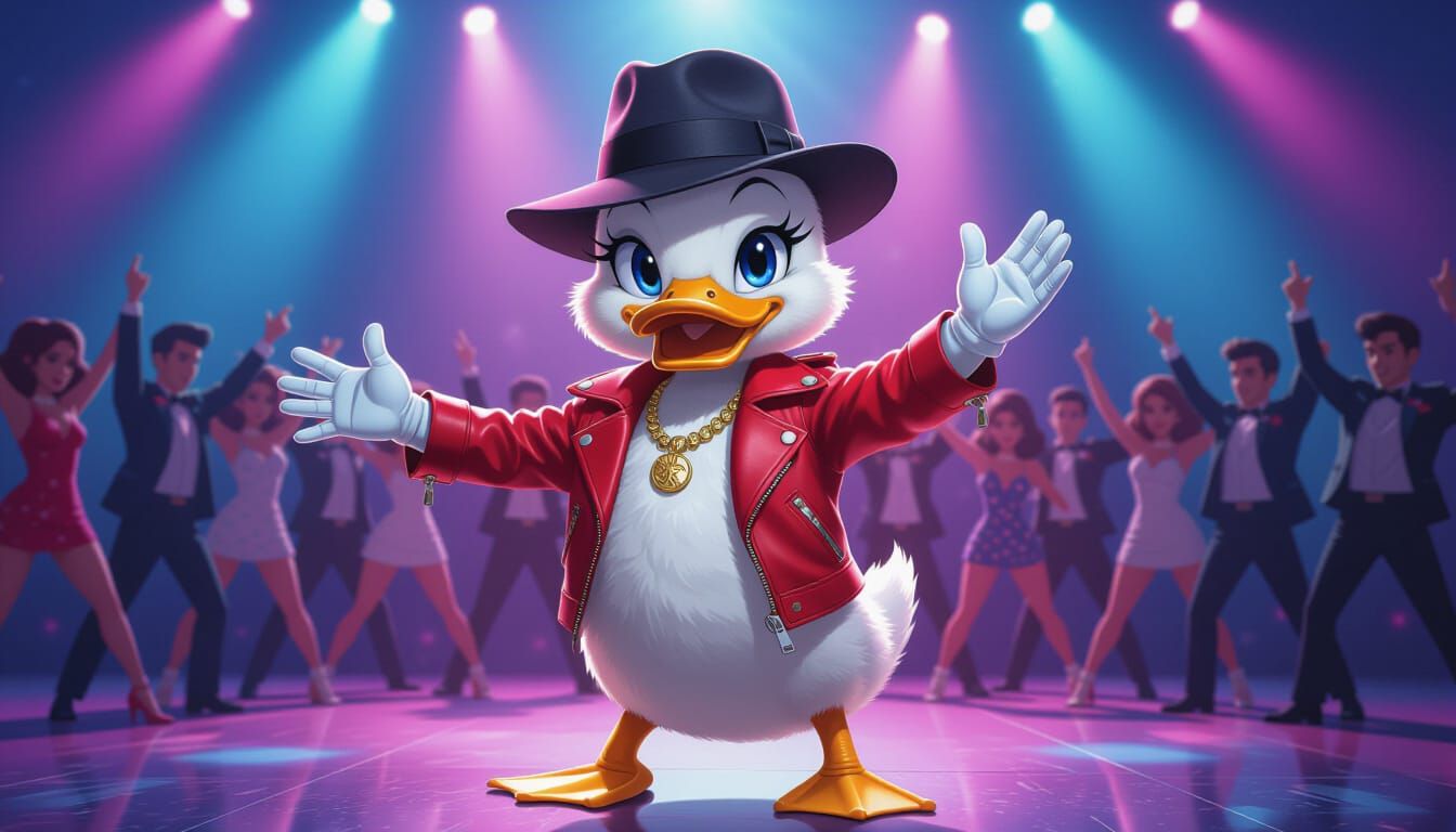 Anime Duckling Moonwalks in Neon Cityscape