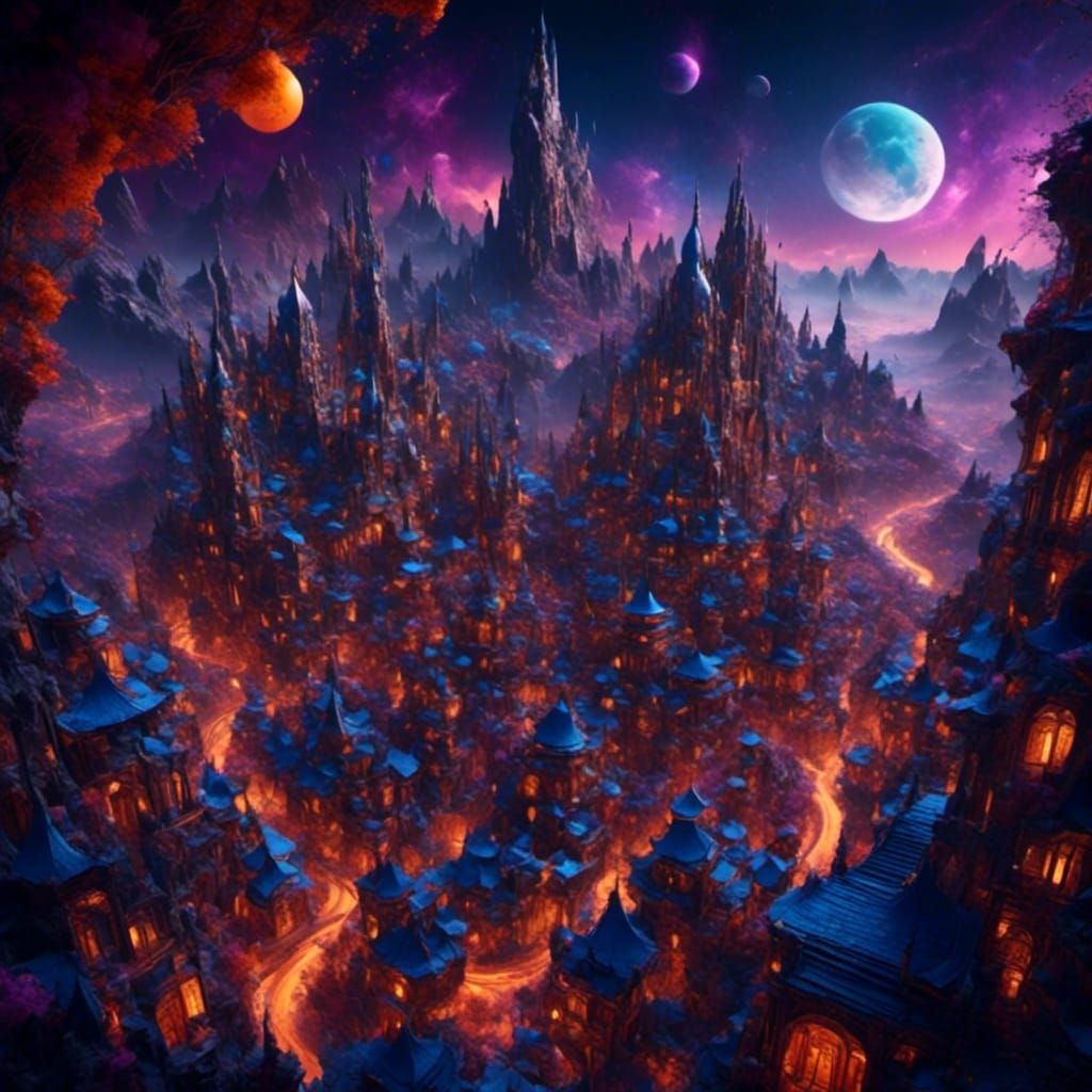 Surreal Dreamlike Cityscape with Gleaming Spires and Neon Li...