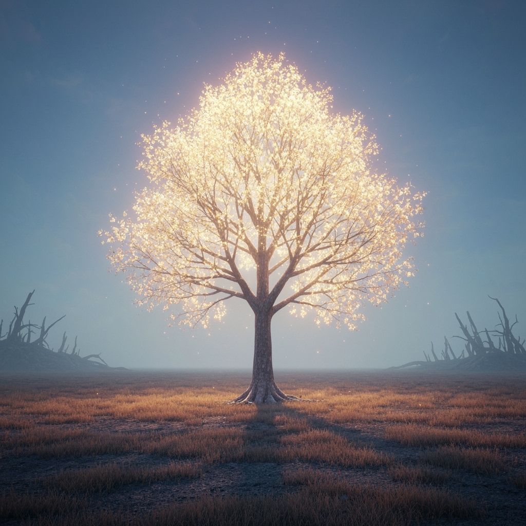 Lone Tree Aglow in Barren Wasteland, Evoking Hope