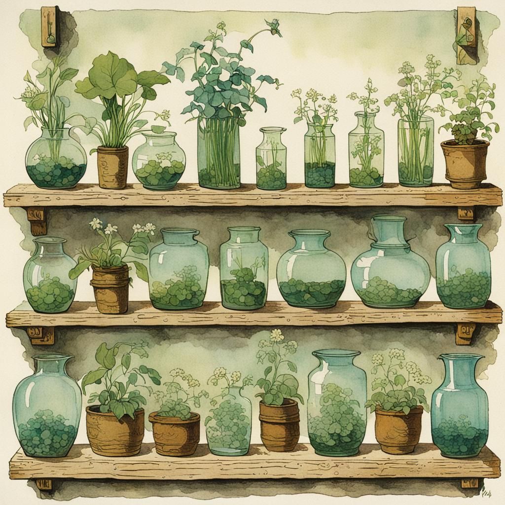 Glass Vases with Plants, Whimsical Art