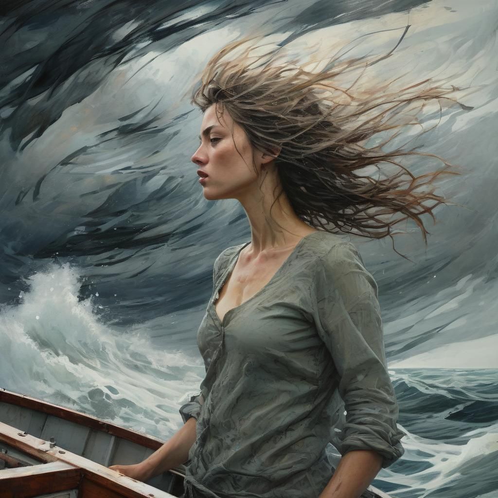 Woman Sailing in Storm, Acrylic Calligraphy Style
