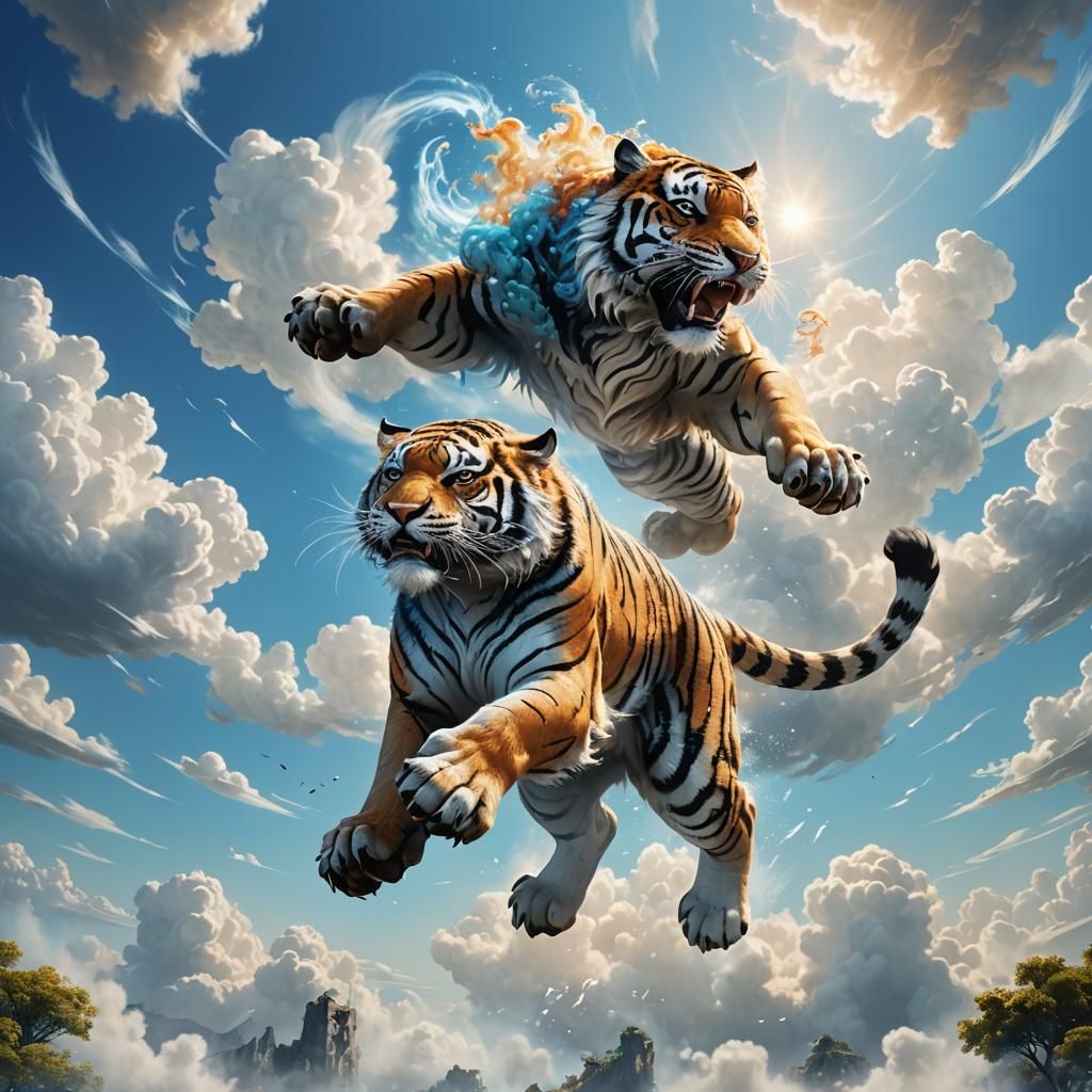 Cloud Tiger Leaping Through Misty Sky