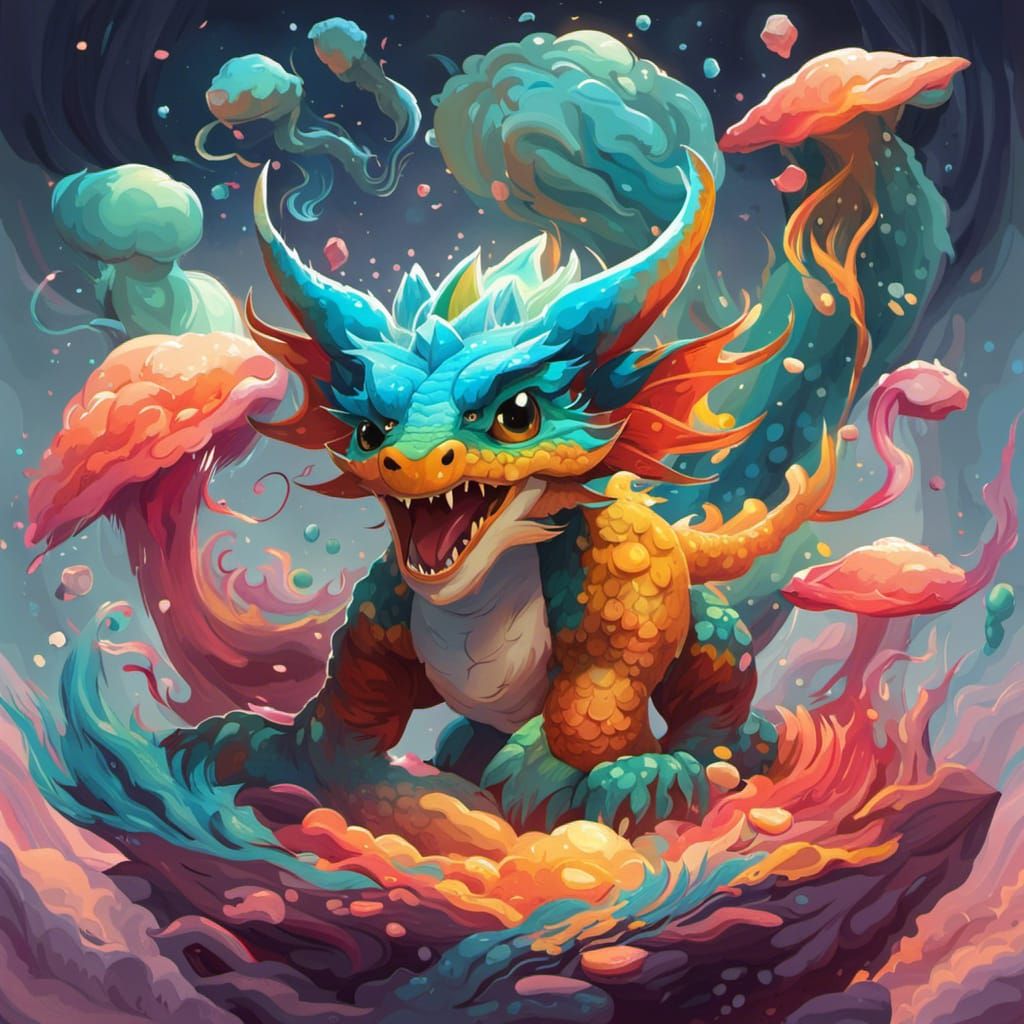 Chibi Dragon in Swirling Vector Art