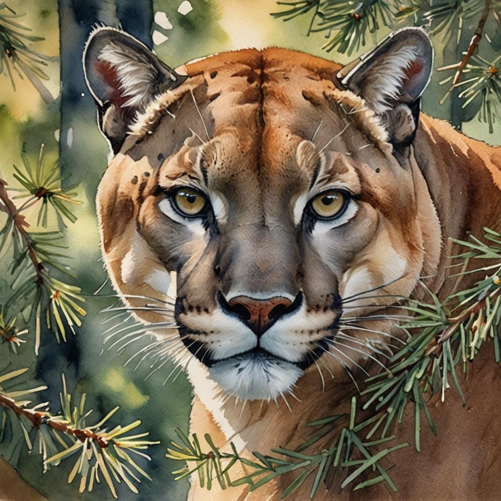 Cougar Portrait in Pines: Watercolor Impressionism