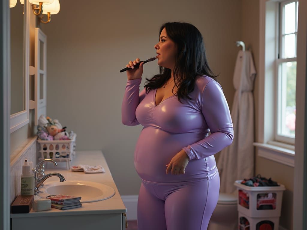 Woman Brushing Teeth in Latex Pajamas: Realistic Art