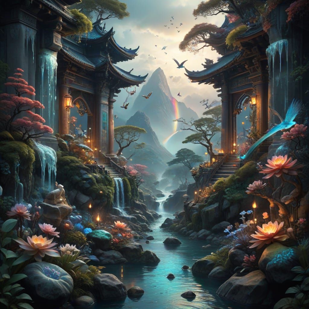 Traditional Japanese Watercolor Scroll with Birds and Precio...