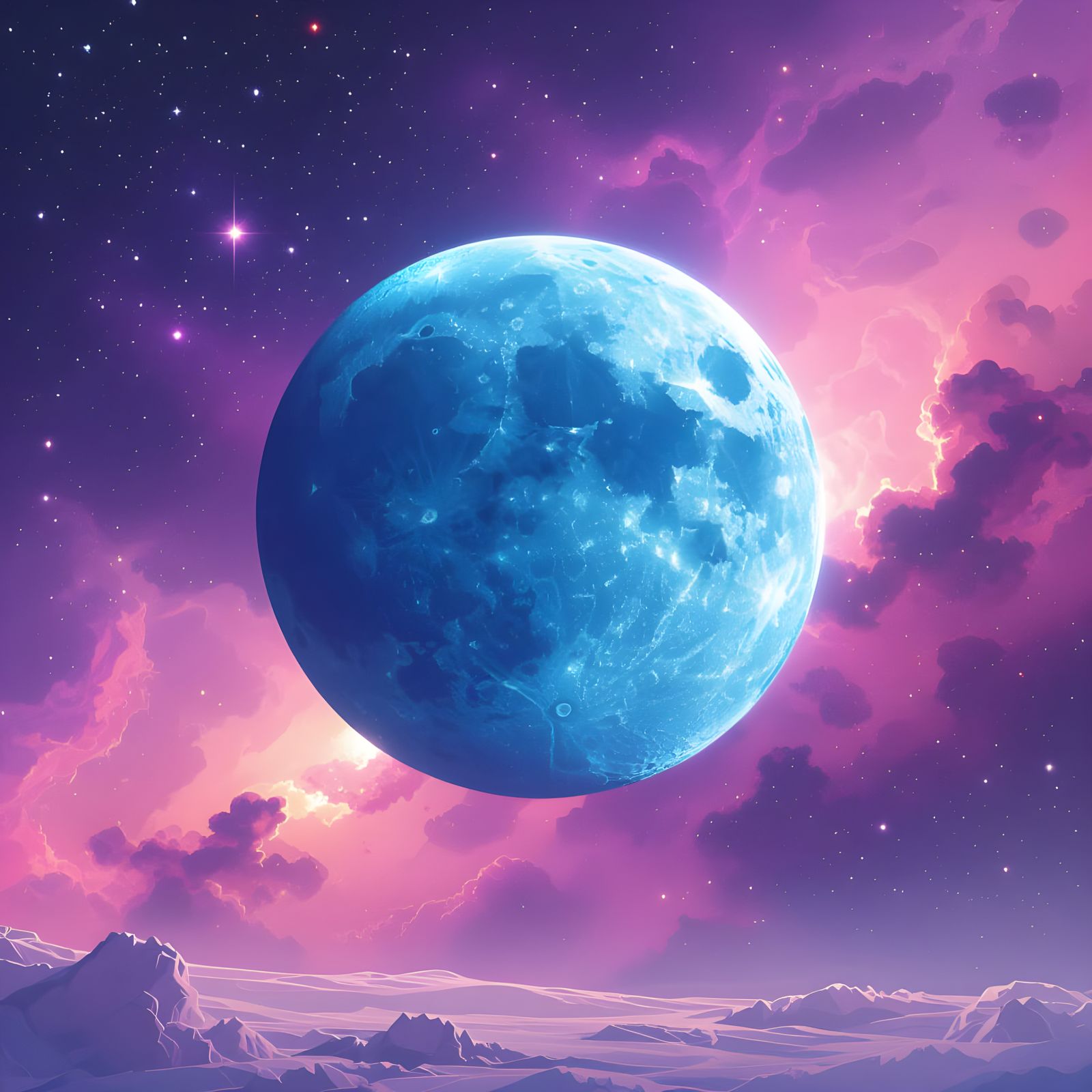 Cosmic Planetary Scene with Blue Crescent Planet