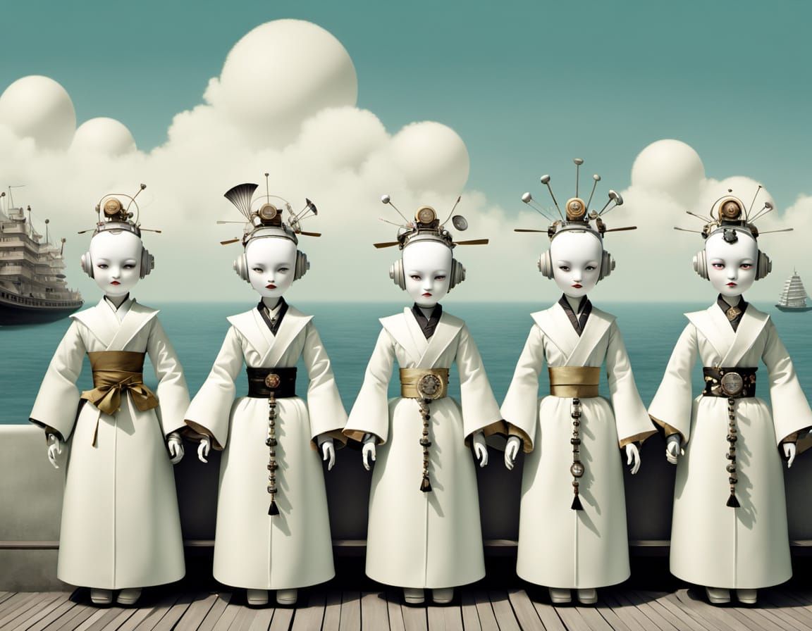 Bizarre Geisha Dolls on Conveyor Belt, Surreal