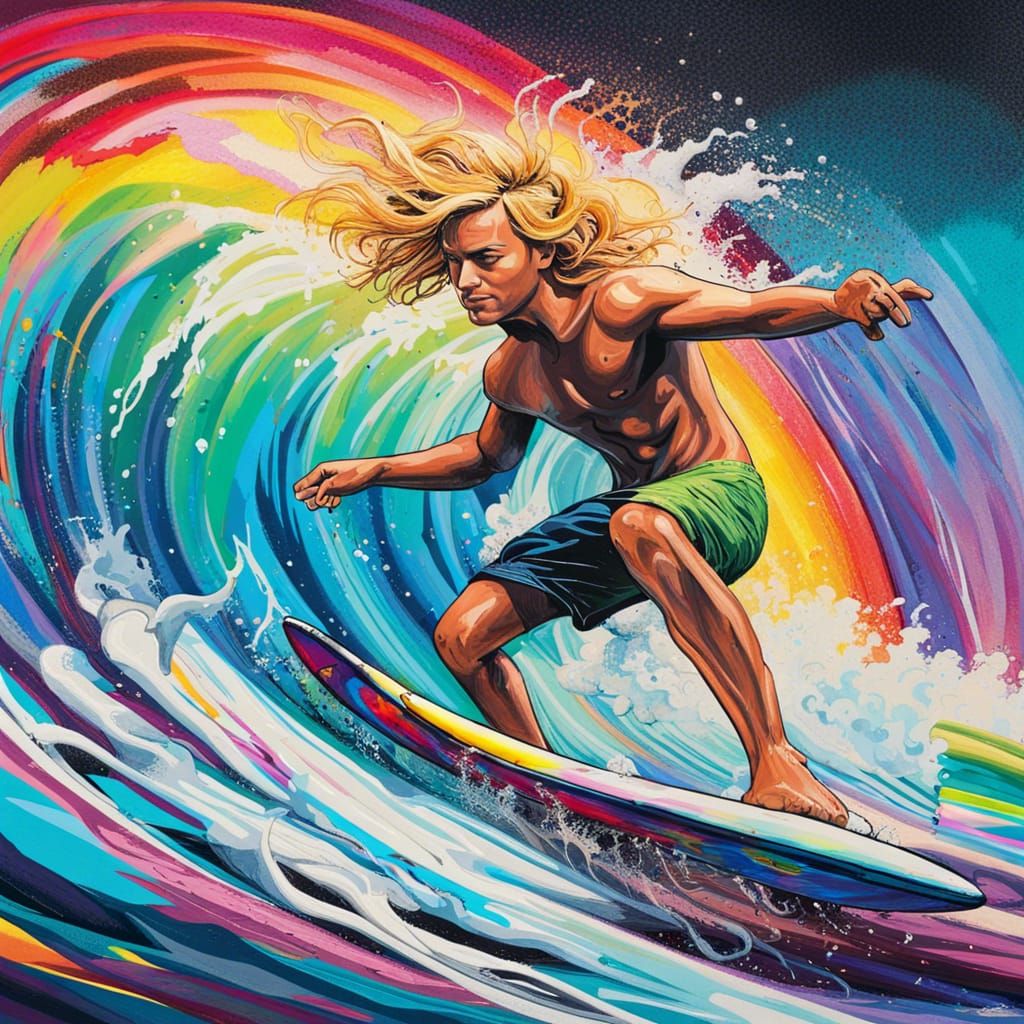 Surfer Rides Rainbow Wave in Graffiti Art Style