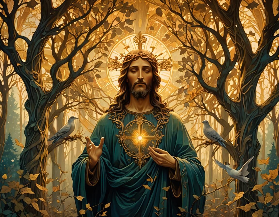 Art Nouveau Double Exposure: Christ in Enchanted Forest