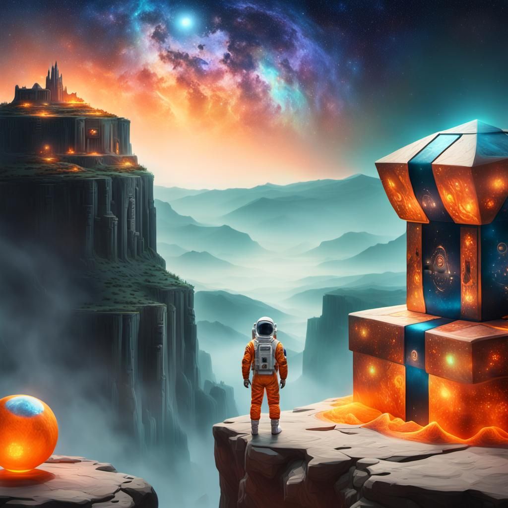 Astronaut Gazing at Alien Structure in Starry Landscape