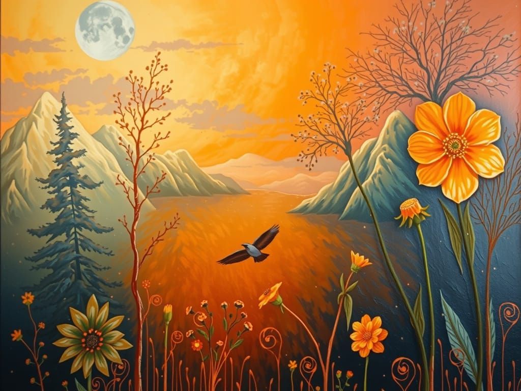 Impressionistic Mountain Landscape with Sunset and Flowers