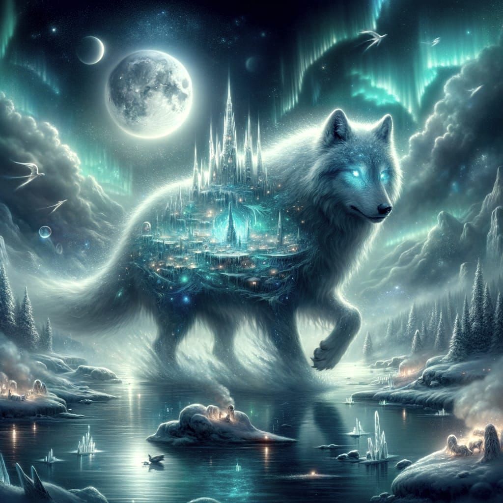 Mystical Wolf Journey Across Frozen Lake