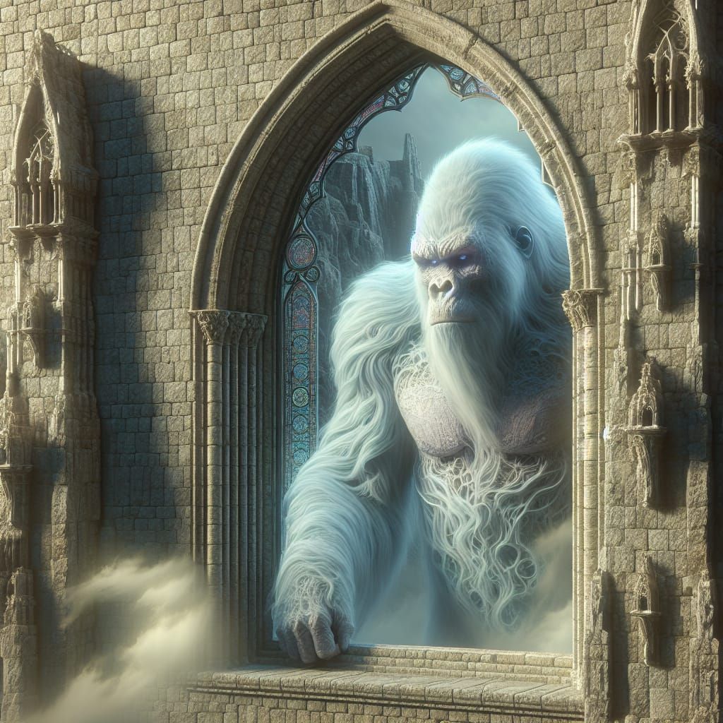 Ethereal Gorilla Gazing in Ancient Castle: Matte Painting