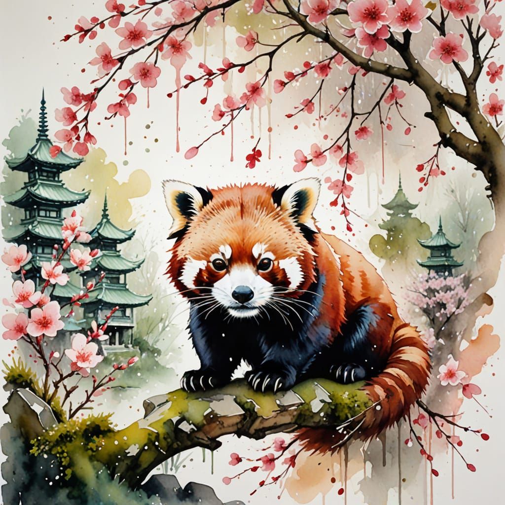 East Asian Garden Sanctuary with Red Panda Amidst Cherry Blo...