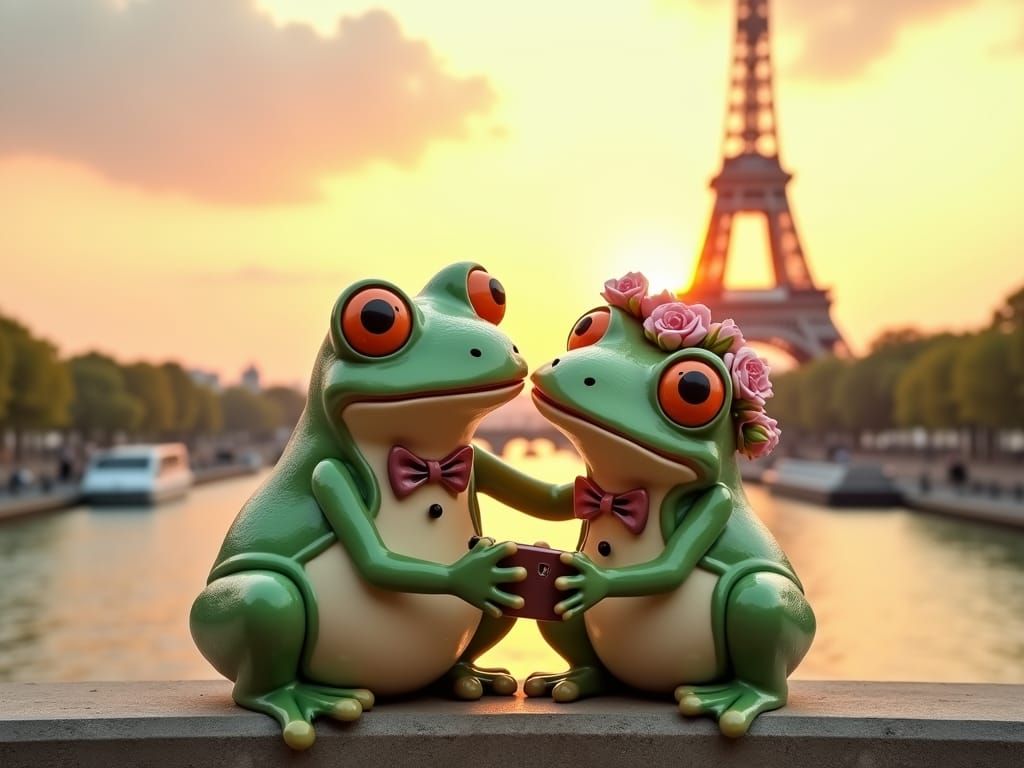 Charming Ceramic Frog Couple's Parisian Selfie Adventure