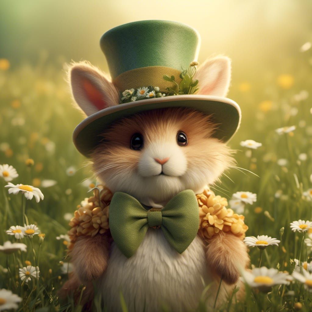 Fuzzy Creature in Top Hat with Daisy