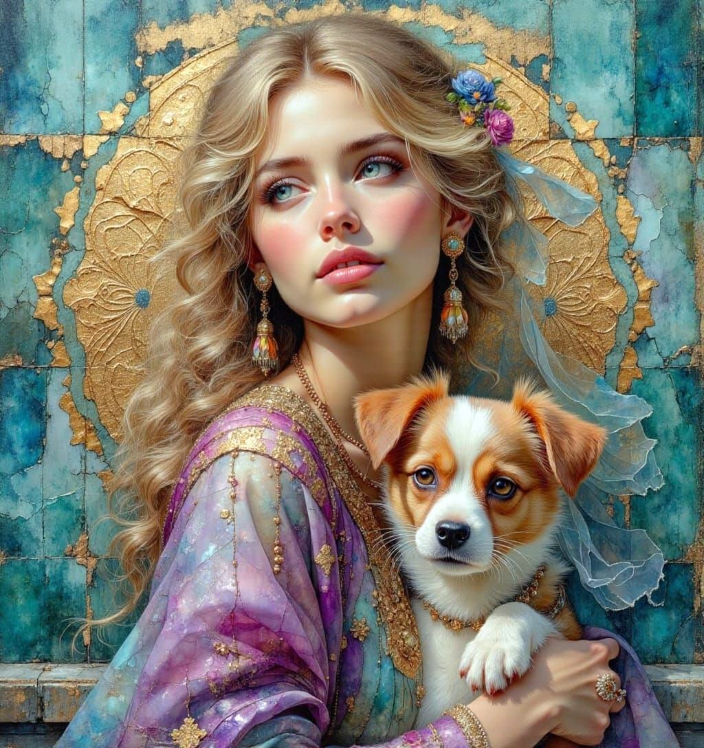 Sensual Woman with Puppy, Hyperdetailed Oil Painting