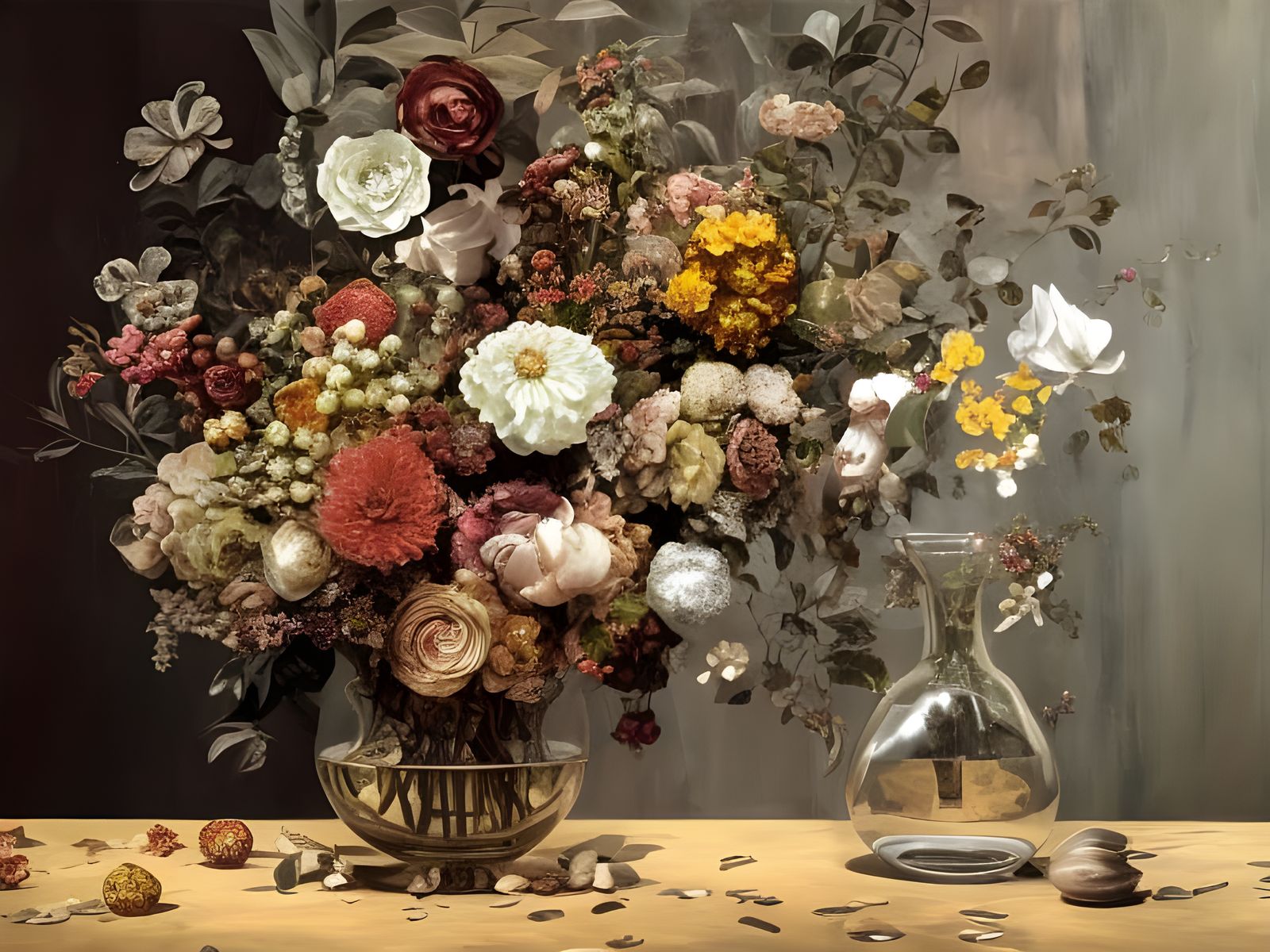 Intricate Floral Bouquet in Glass Vase: Digital Painting