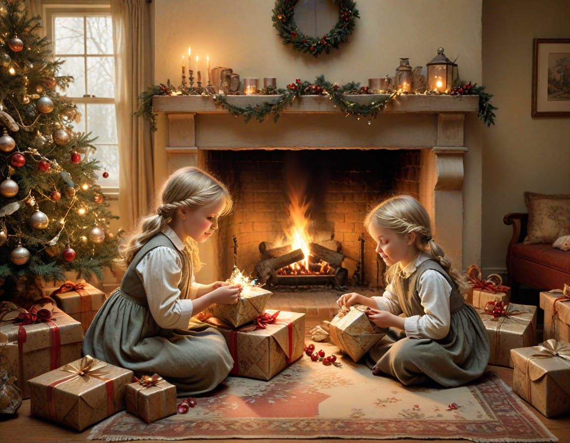 Joyful Christmas Scene with Blonde Children Unwrapping Gifts