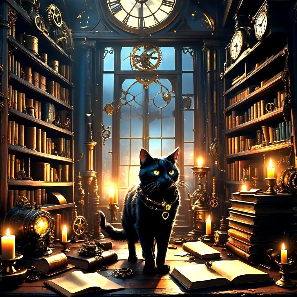 Steampunk Black Cat in Study: Detailed Matte Painting