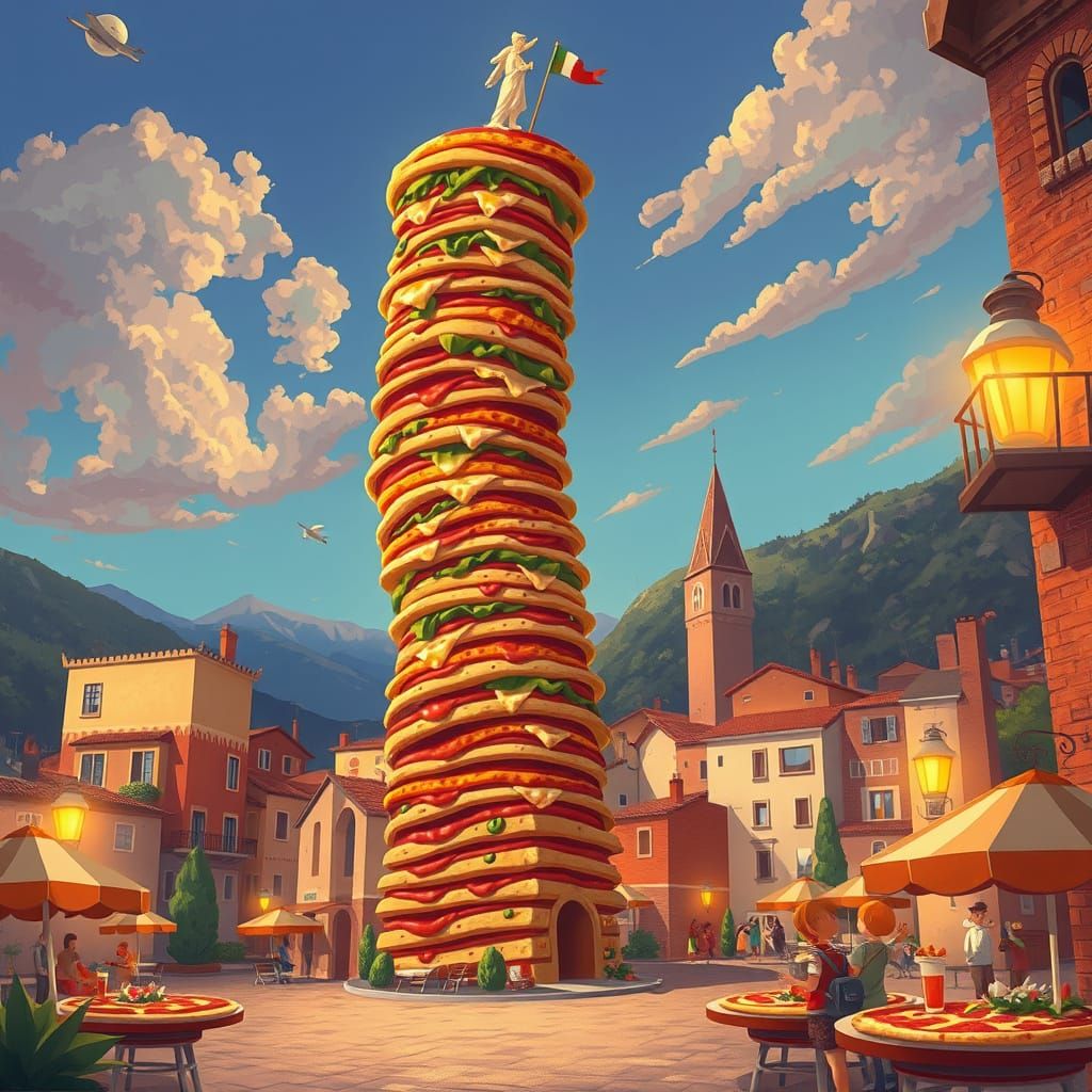 Leaning Pizza Tower in Stylized Italian Landscape