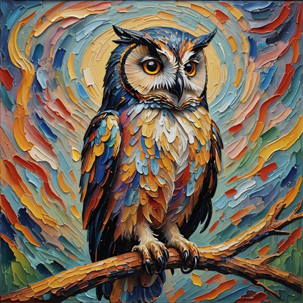 Expressionist Owl in Neo-Impressionist Oil Painting