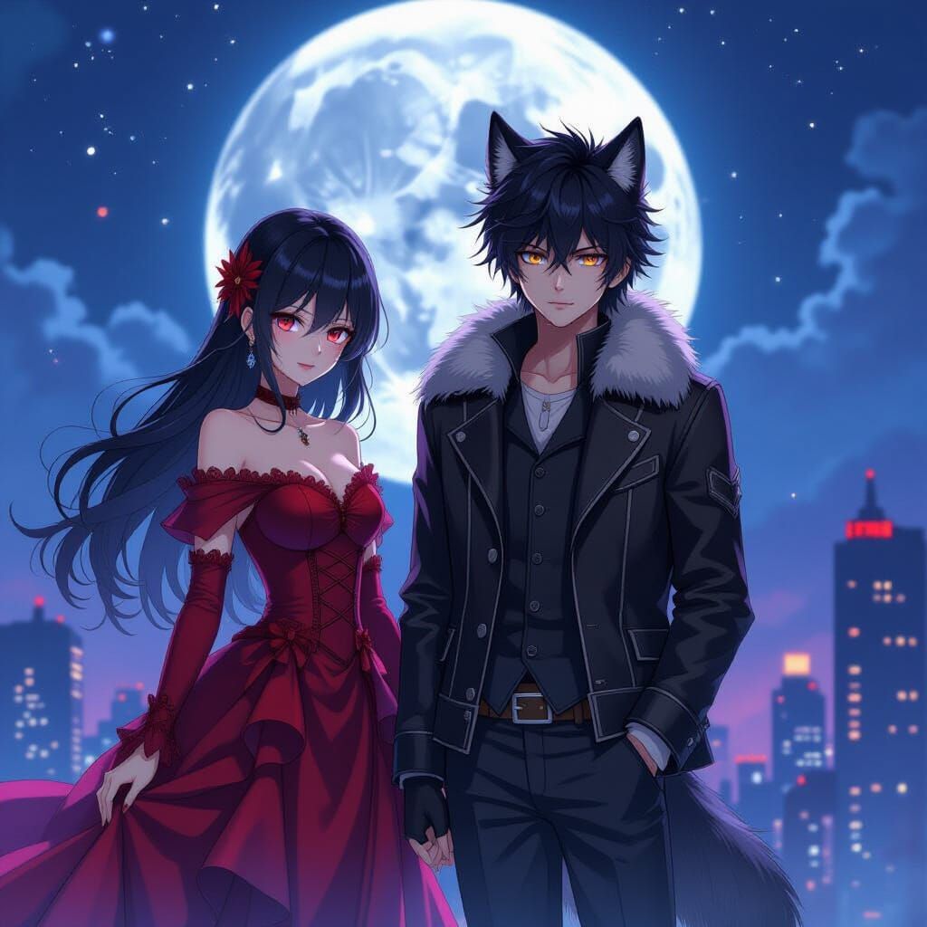 Anime Vampire Girl and Wolf Boy in Tokyo