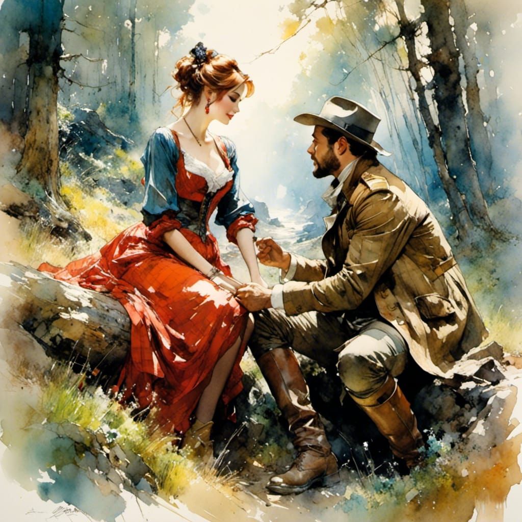 Courting Couple in Forest, Stylized Watercolor Art