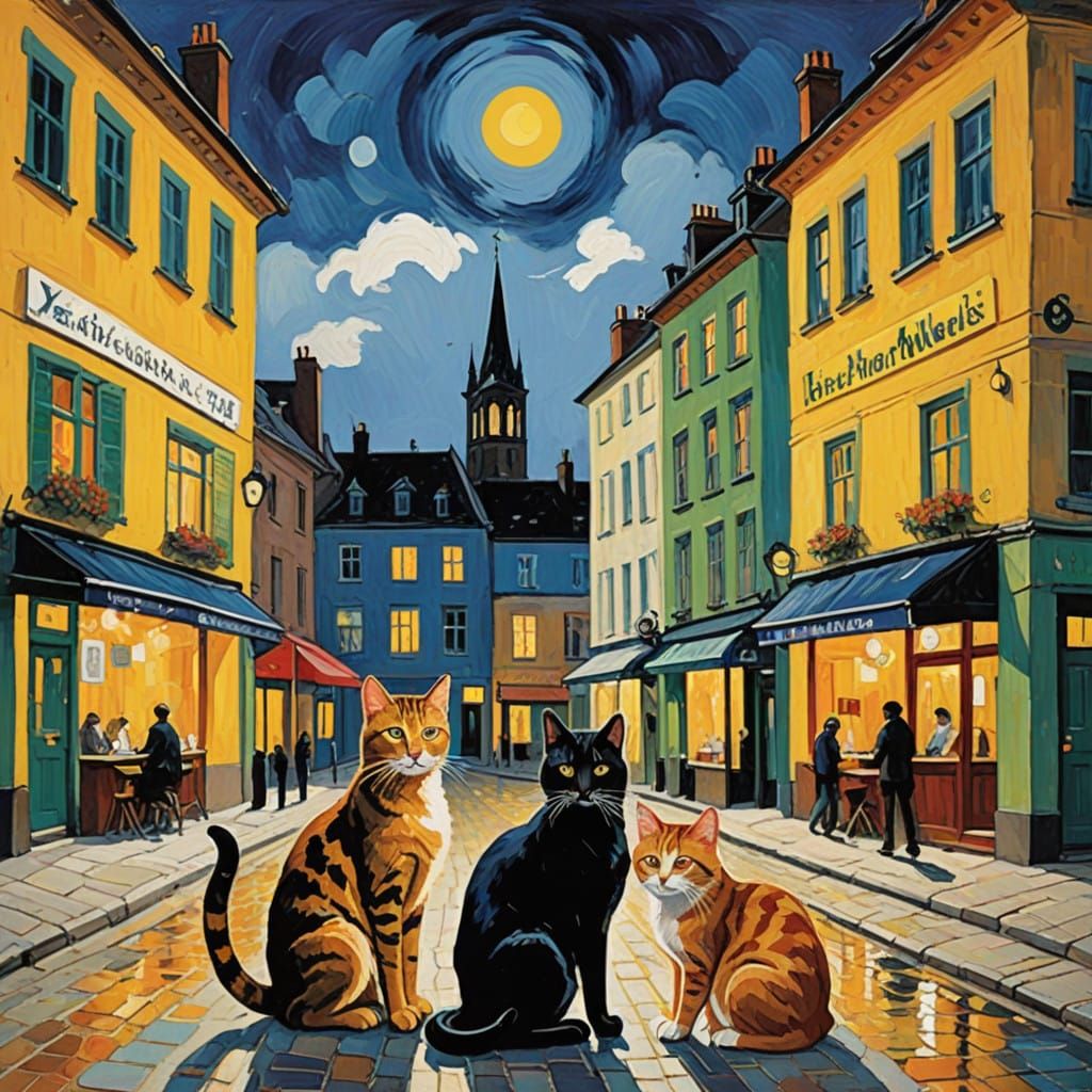 Vibrant Winter Street Scene with Cats in Neo-Expressionism