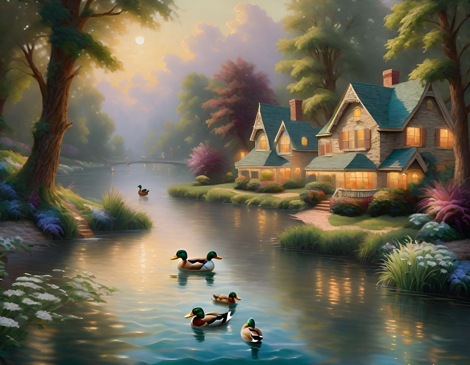 Ducks on River: Impasto Oil Painting