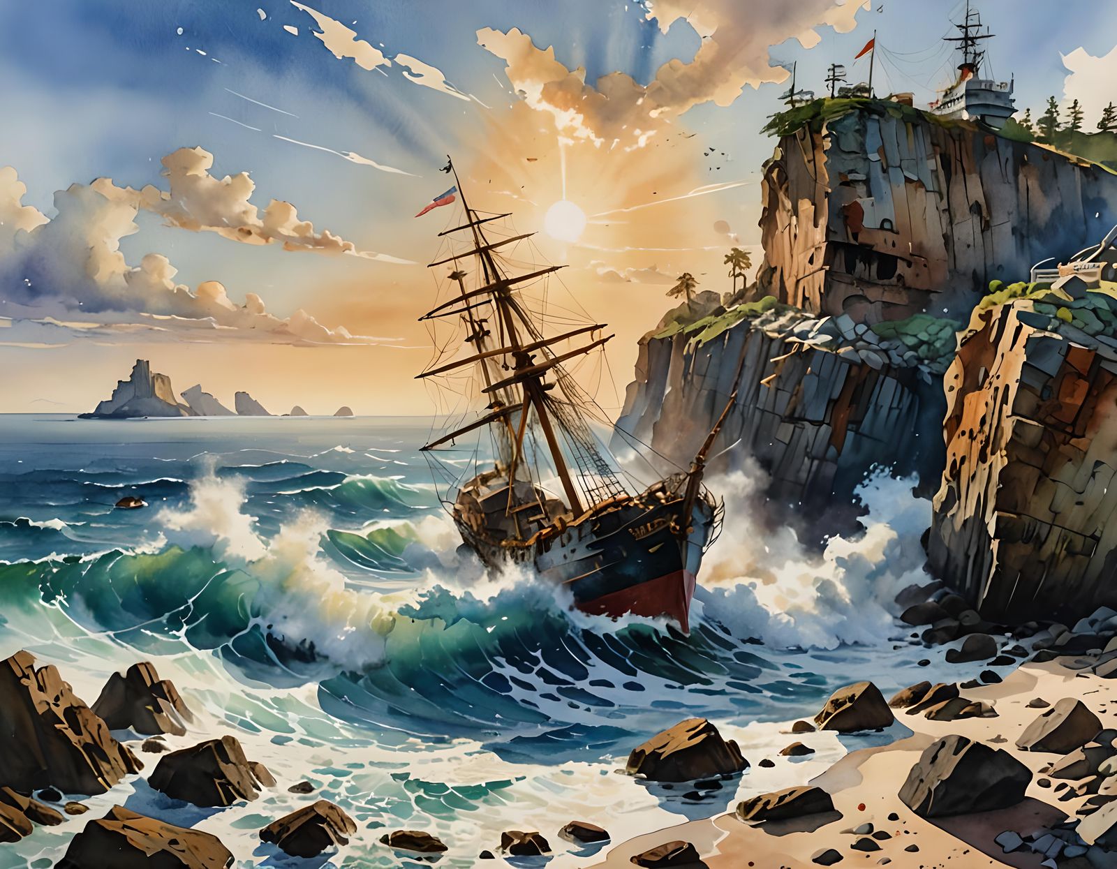 Coastal Shipwreck Watercolor Painting with God Rays