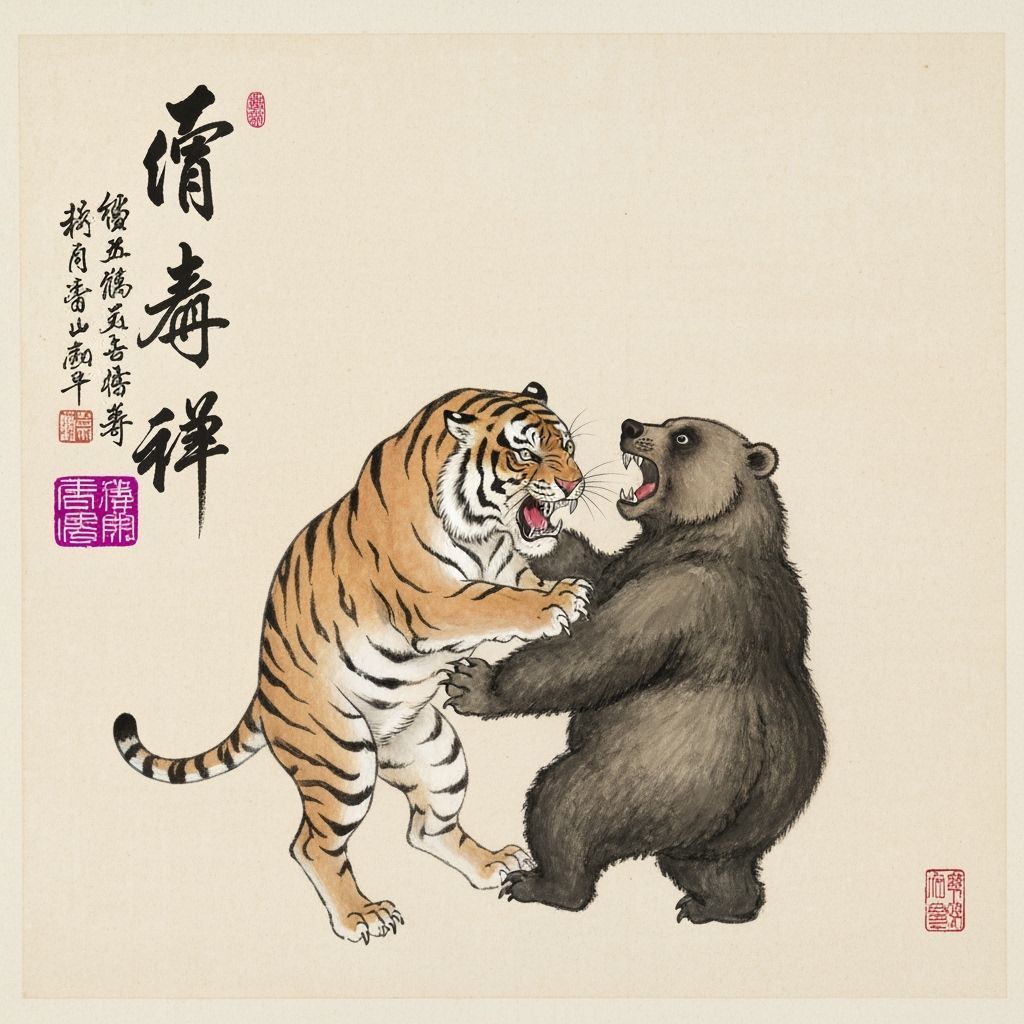Tiger Versus Bear in Chinese Ink Painting Style