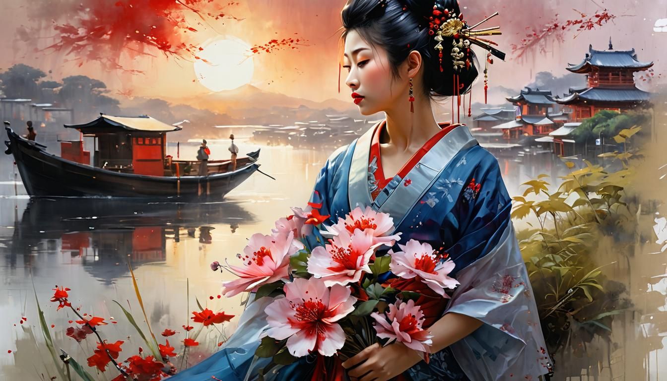 A Japanese Geisha in Morning Light, in Fine Art Painting