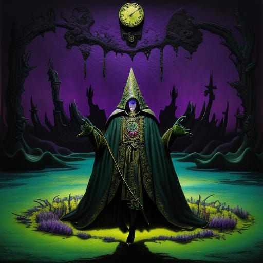 Surreal Cloaked Figure with Melting Clocks, in Dali Style