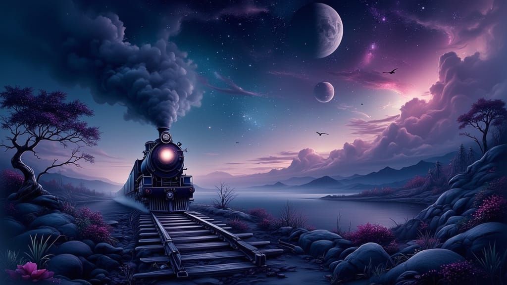 Vintage Night Train Under Star-Dusted Nebulae Sky