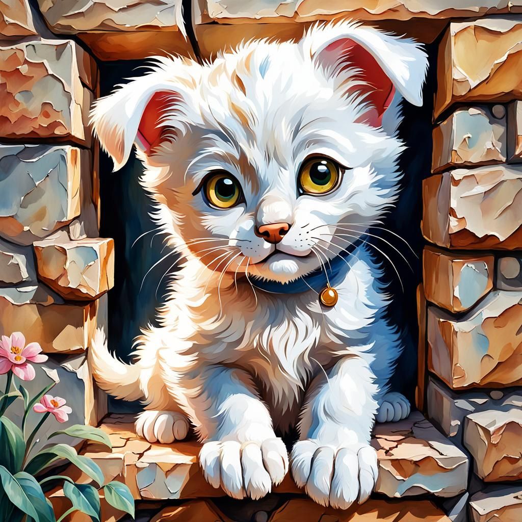 Cute Puppy Breaks Through Wall: Gouache Watercolor Painting
