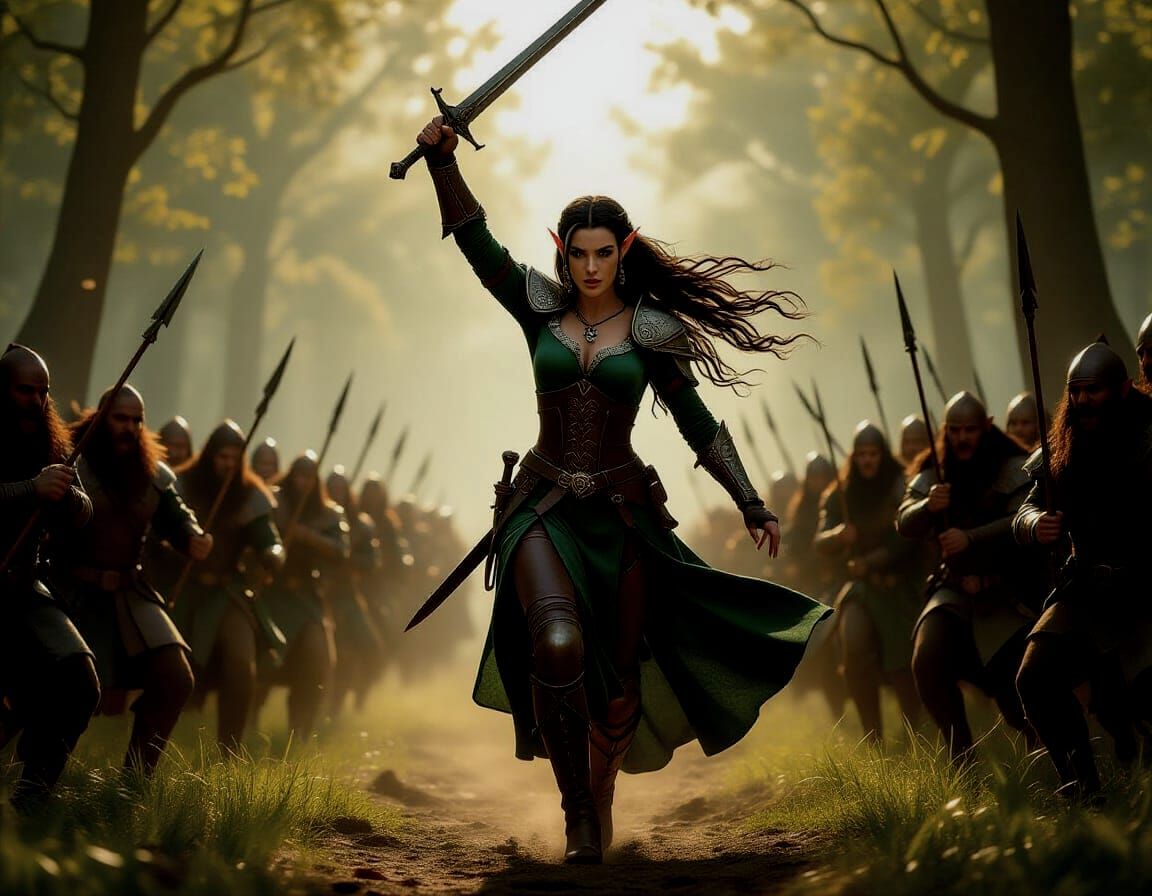 Elf Queen Leading Charge in Forest Battle, Hyperrealistic