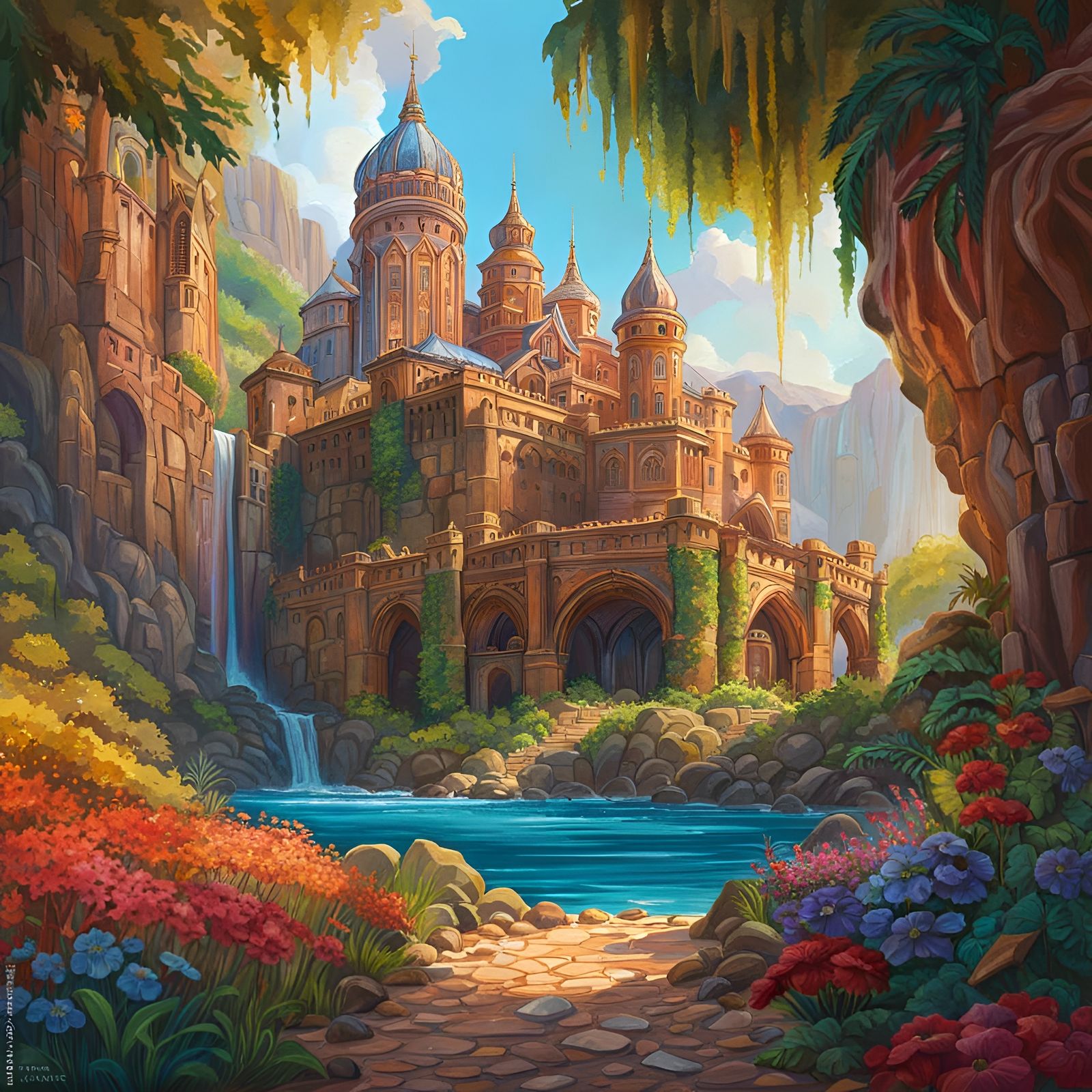 background castle, river, falls, stained glass colors
