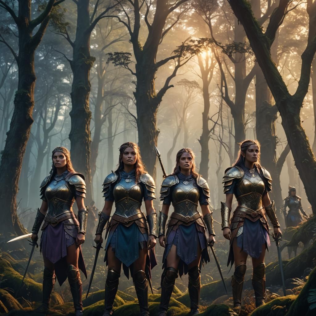 Warrior Girls in Mystical Forest: Fantasy Concept Art