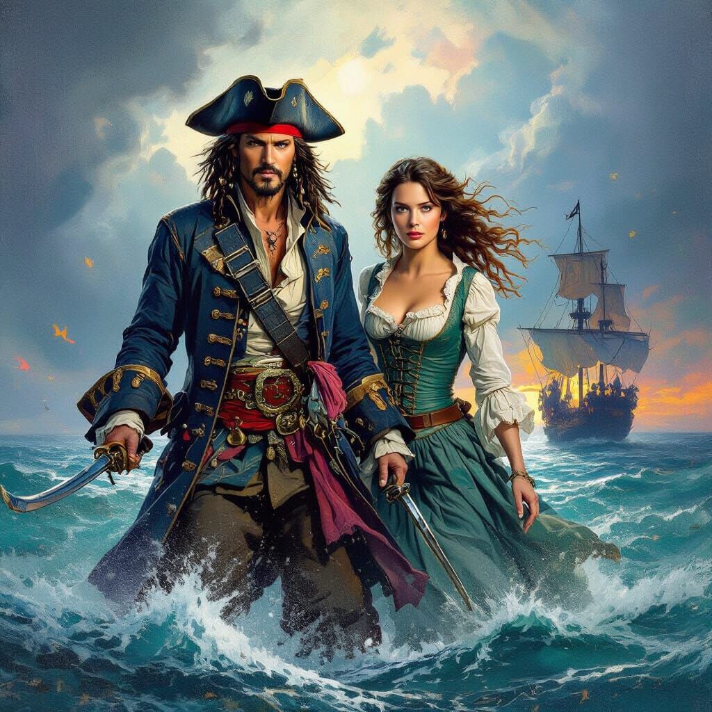 Pirates Movie Poster: Will & Elizabeth in Epic Oil Painting