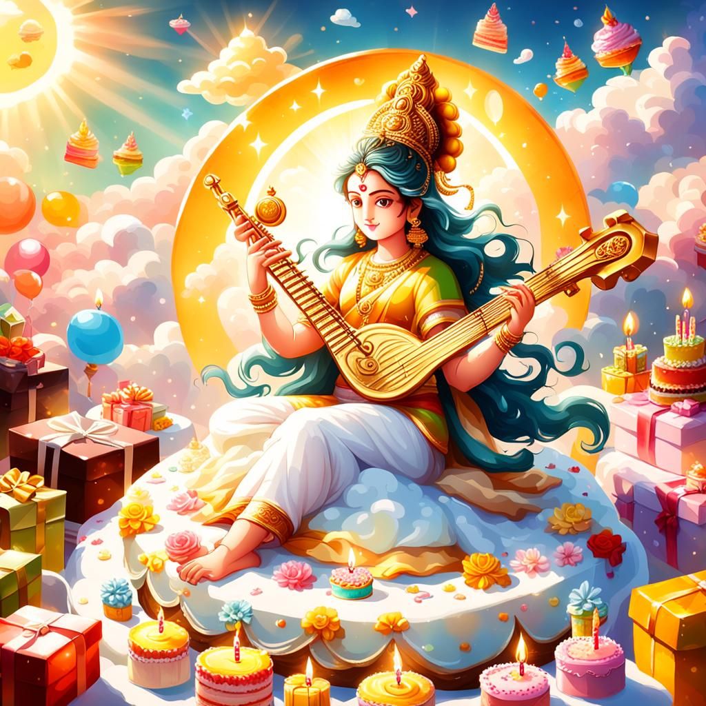 Saraswati Surrounded by Birthday Gifts in Heaven