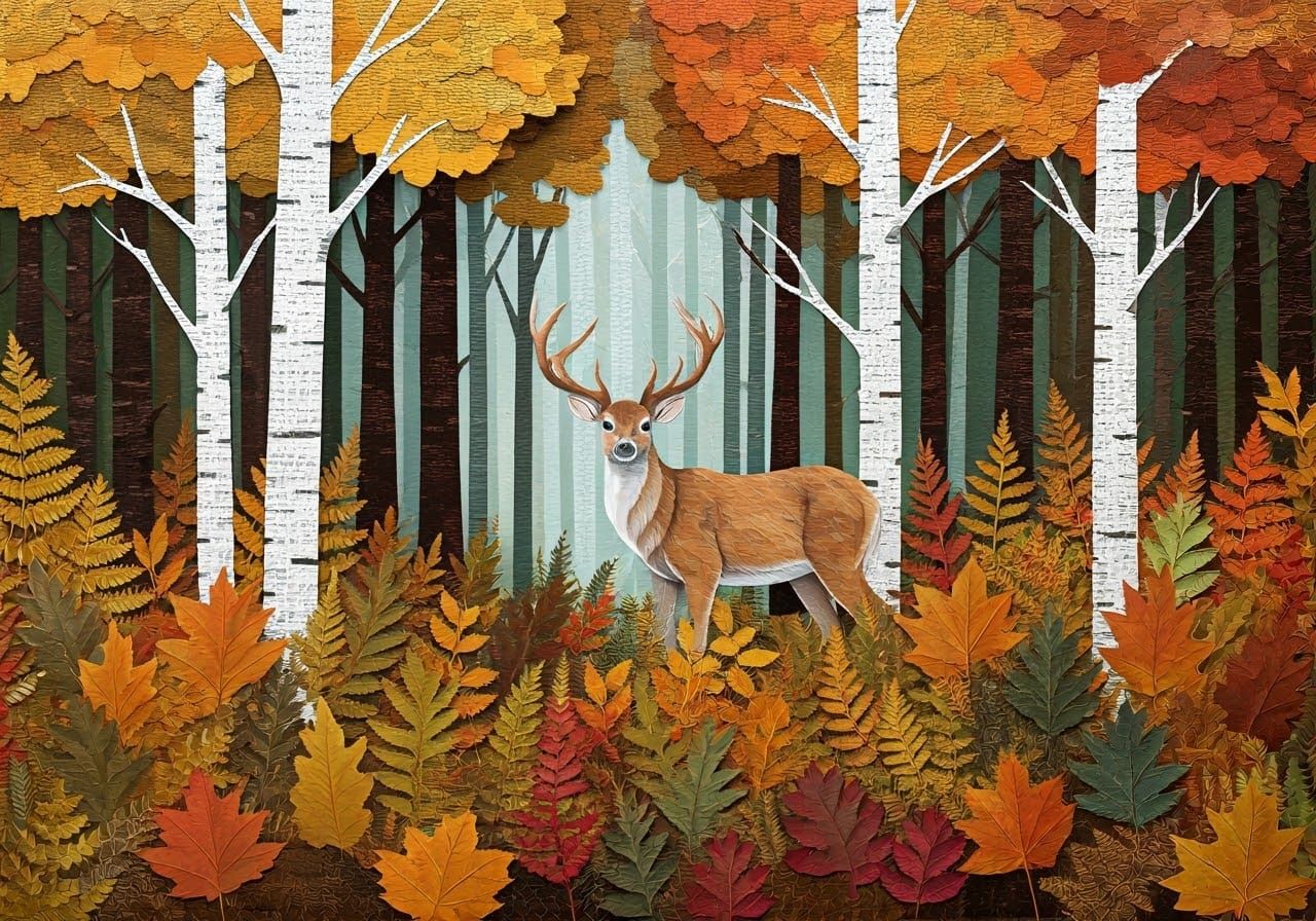 Serene Autumn Forest Paper Collage with Gentle Deer
