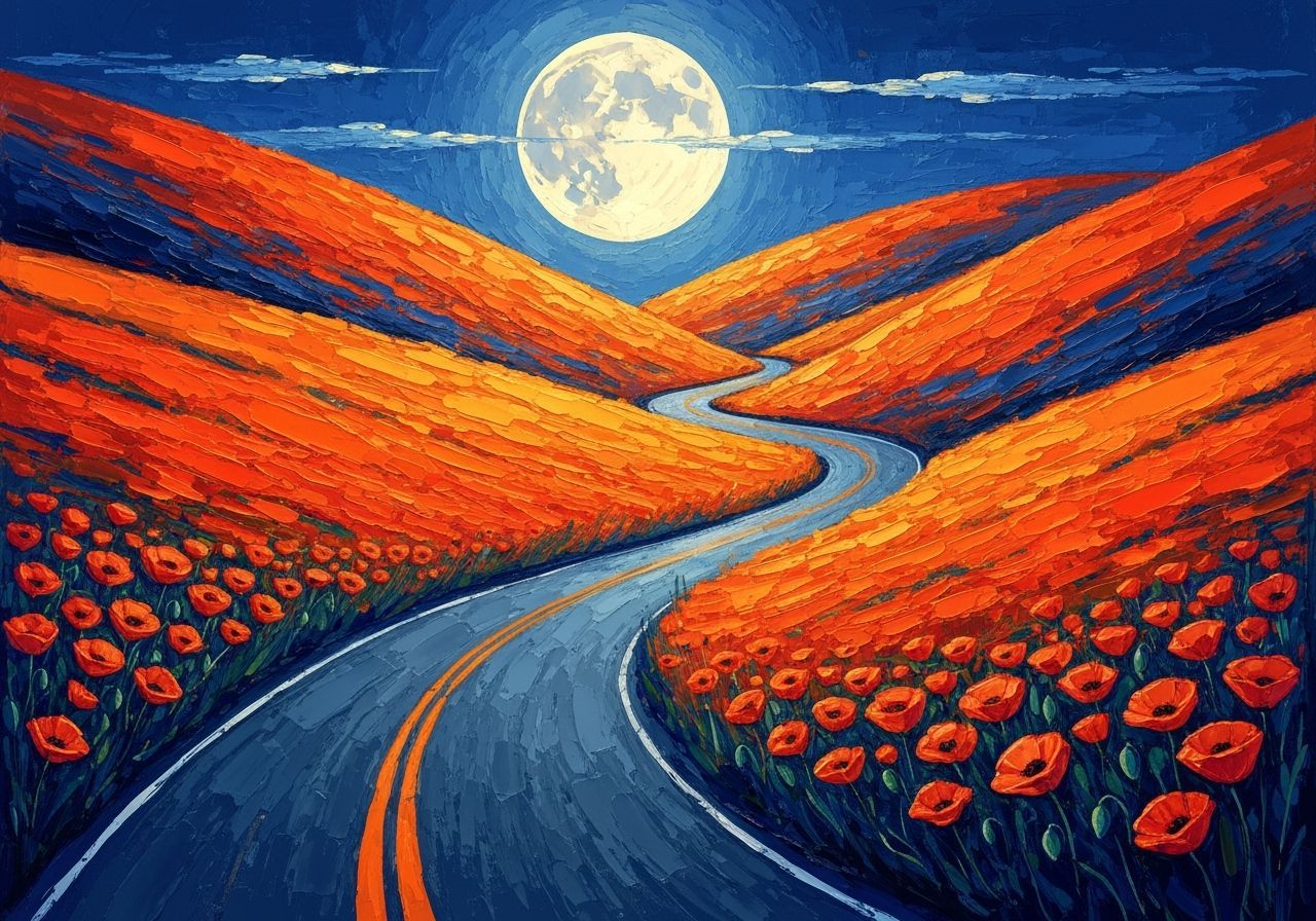 Winding Poppy Road Under Full Moon