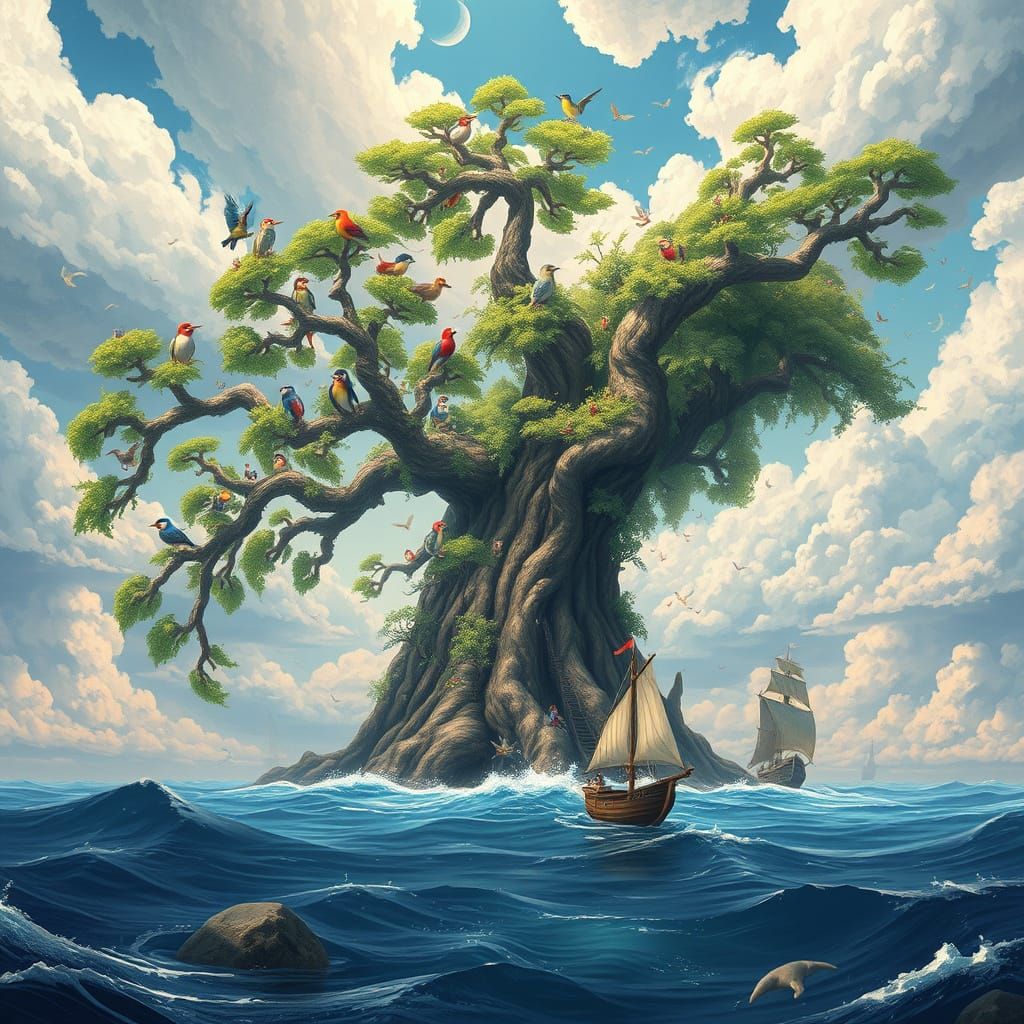 Giant Tree Dreamscape with Birds, Fantastical Illustration